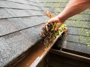 check and clean your gutters; person cleaning out gutters 