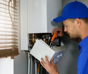 October Home Checklist. A HVAC Professional doing maintenance on a HVAC system.