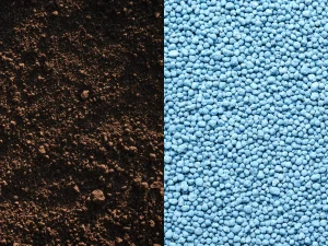 side by side of organic and synthetic fertilizers