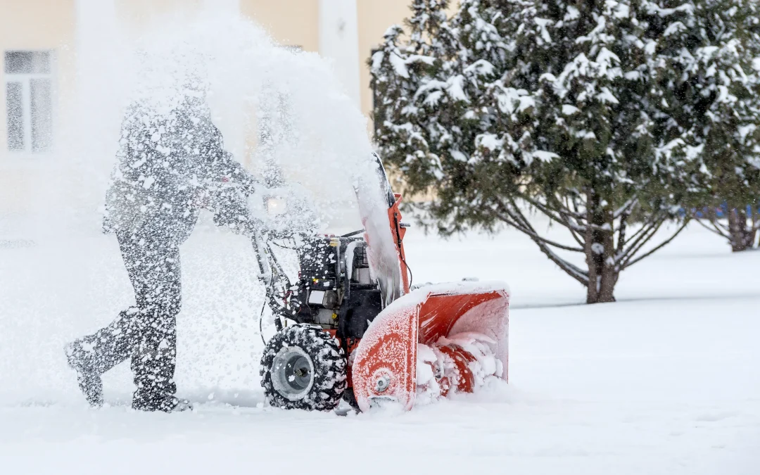 man using snow blower in the snow near a tree - buying a snow blower cover