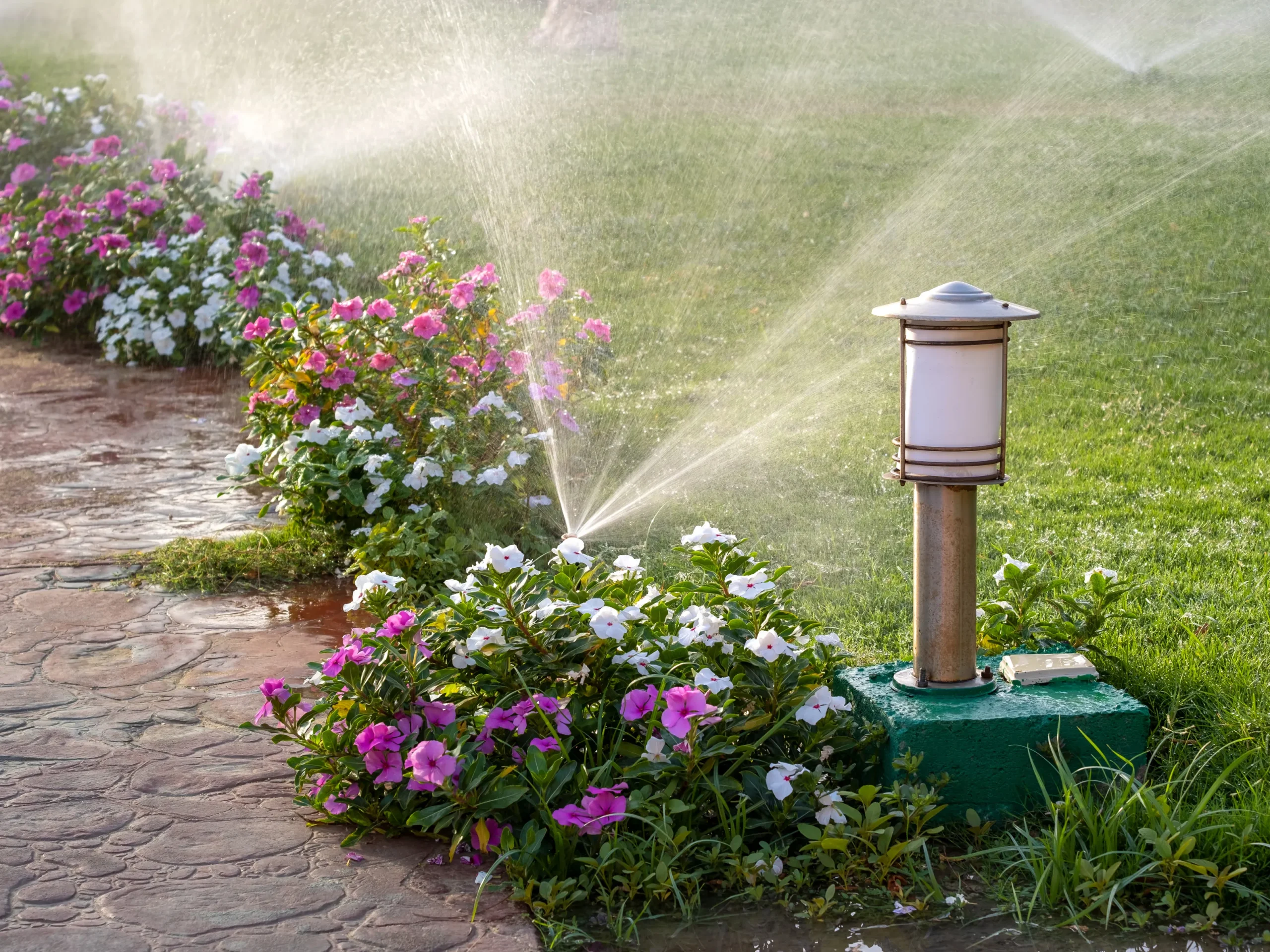 watering a spring lawn with sprinklers 